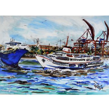 Blue Ship Ferry Red Cranes - Orjinal Akrilik Tablo 2006 - 70cm x 50cm